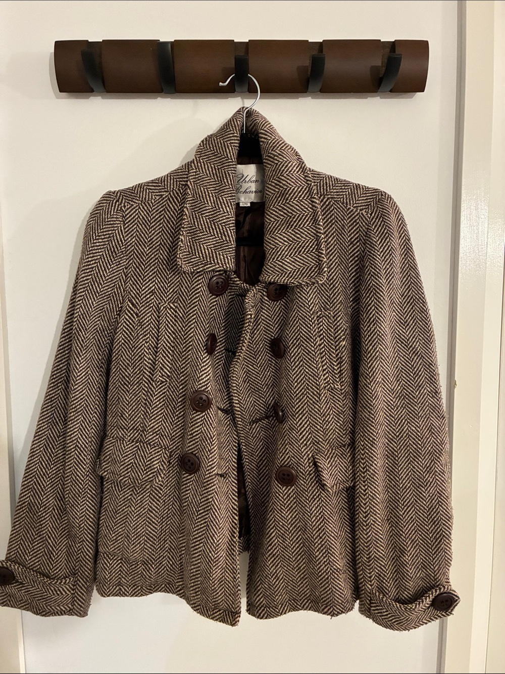 Urban Behavior Brown & Black Herringbone Double-Breasted Pea Coat